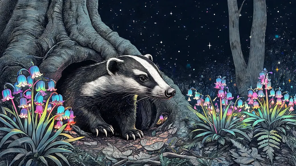 Badger Leaving Its Burrow In Bluebells