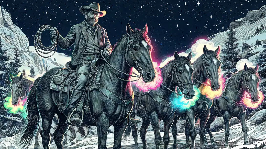 Cowboy Driving Horses Through a Snowy Pass