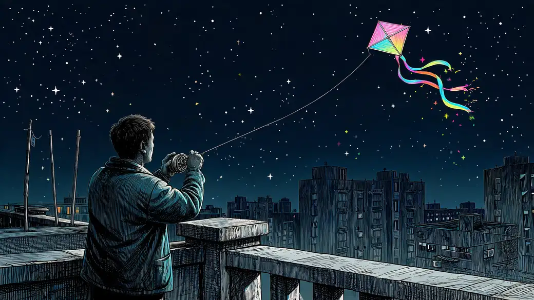 Man Flying A Rainbow Kite From A City Rooftop