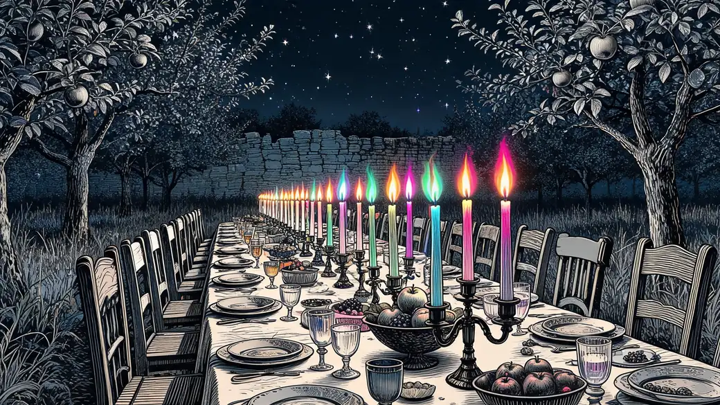 Long Banquet Table With Rainbow Candles In An Orchard