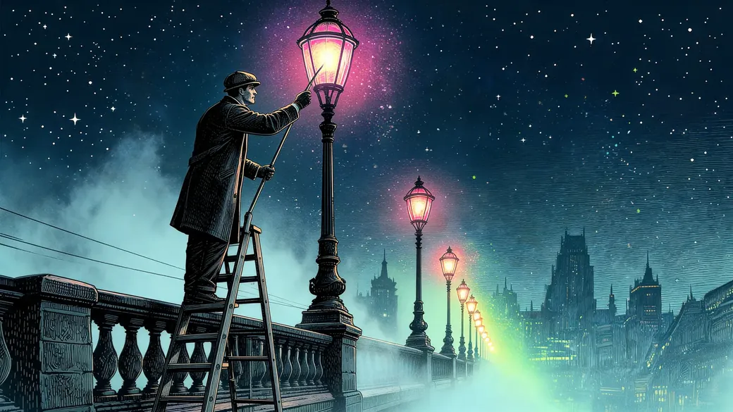 Lamplighter On A Foggy Bridge