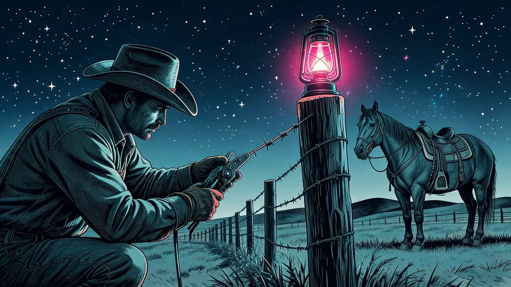 Cowboy Mending A Barbed Wire Fence
