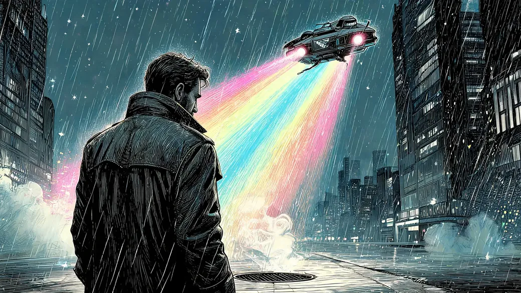Detective In The Rain Under A Flying Car