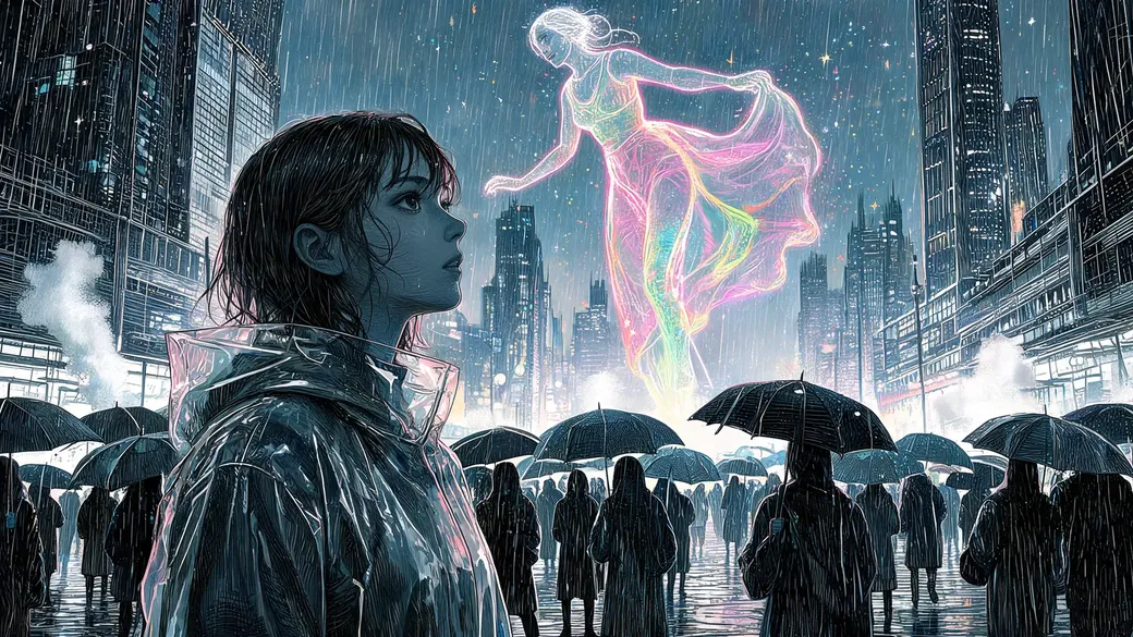 Woman In A Clear Raincoat In A Crowd
