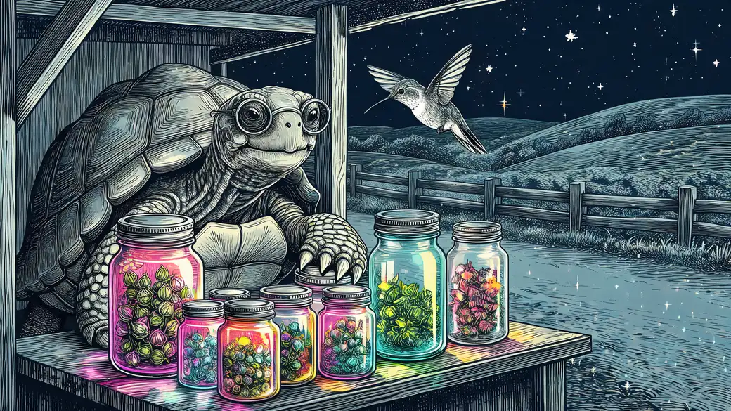 Tortoise With Glasses Running a Roadside Herb Stand