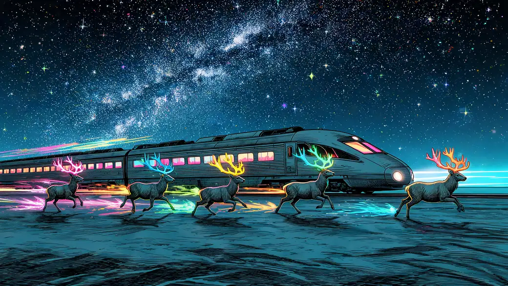 Glowing Reindeer Racing A Bullet Train
