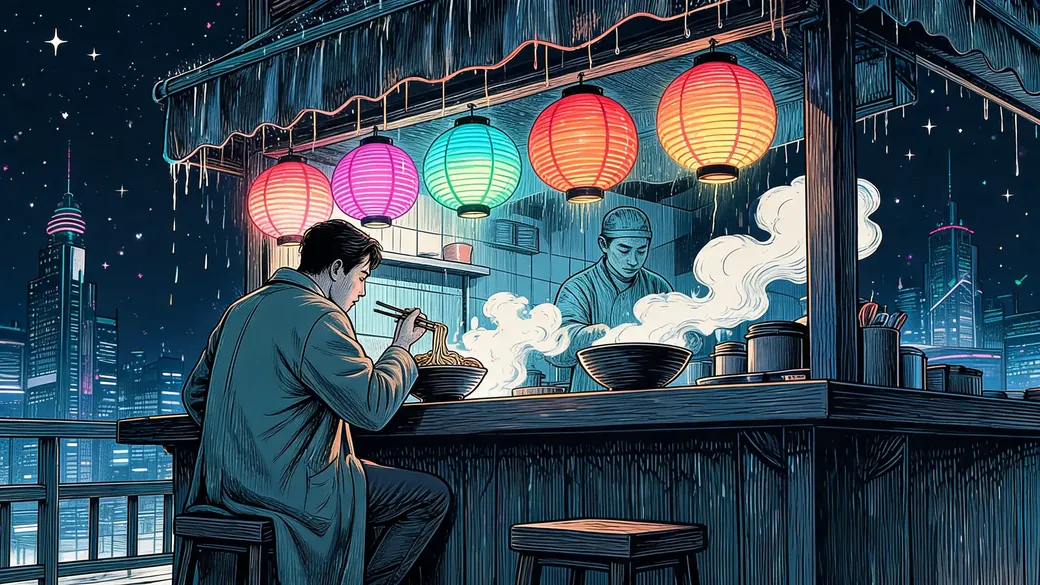 Noodle Bar On A Rainy Night