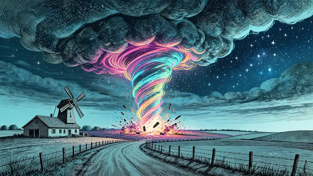Rainbow Tornado Over Farmhouse And Windmill