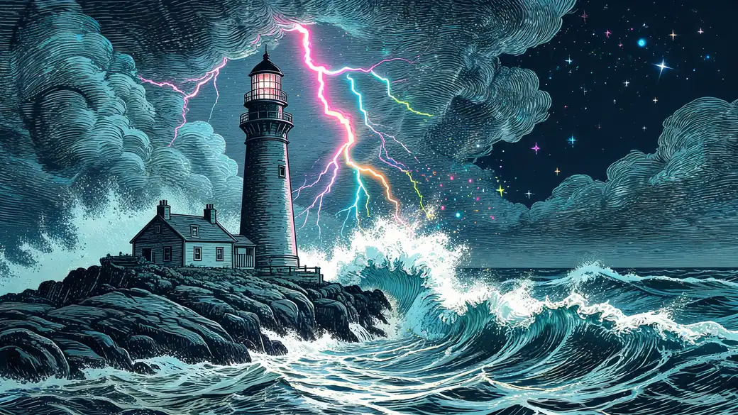 Lighthouse Hit By Giant Wave And Rainbow Lightning