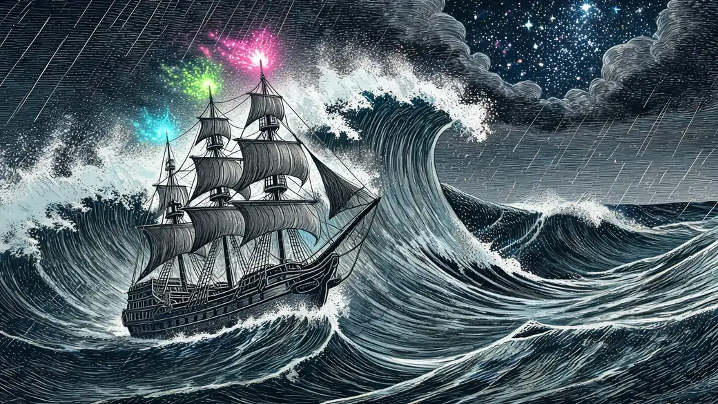 Tall Ship Sailing Up A Giant Storm Wave