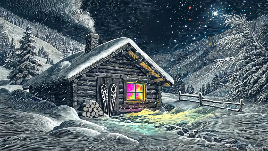 Log Cabin In A Blizzard With Glowing Window