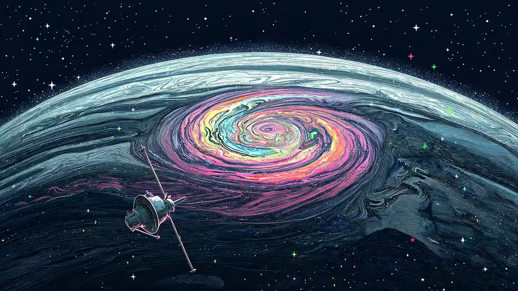 Space Probe Passing A Rainbow Storm On Gas Giant