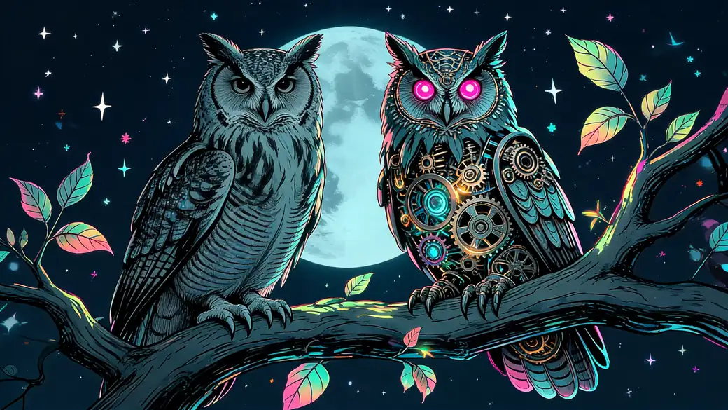 Owl And Clockwork Owl Under A Full Moon