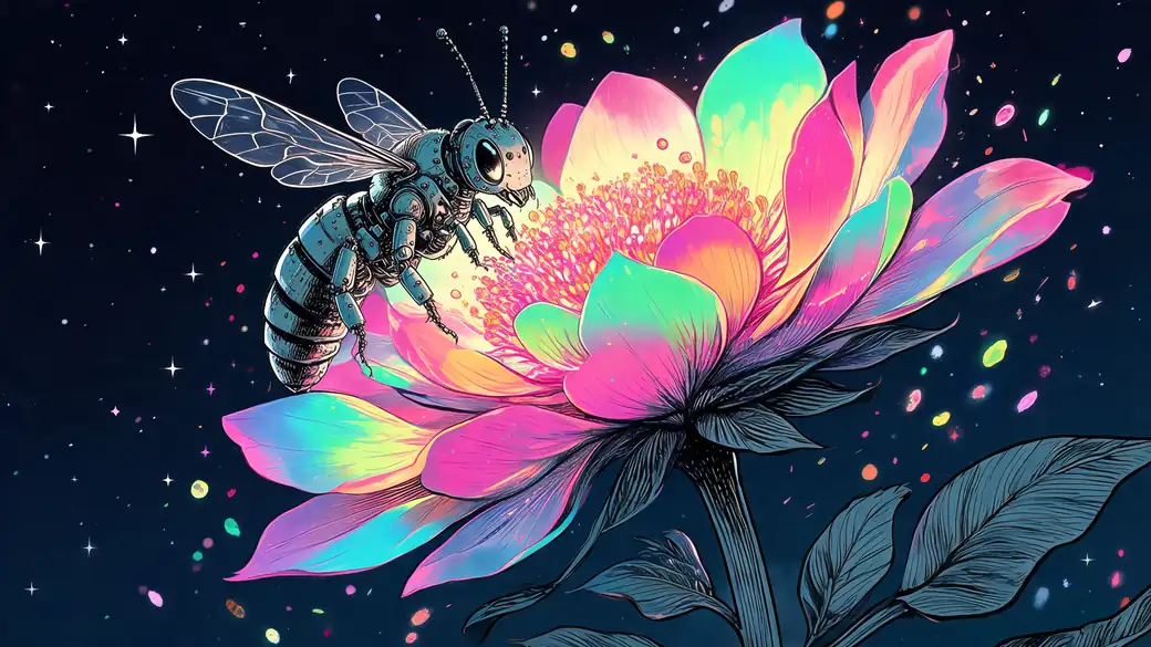 Robot Bee On A Rainbow Flower