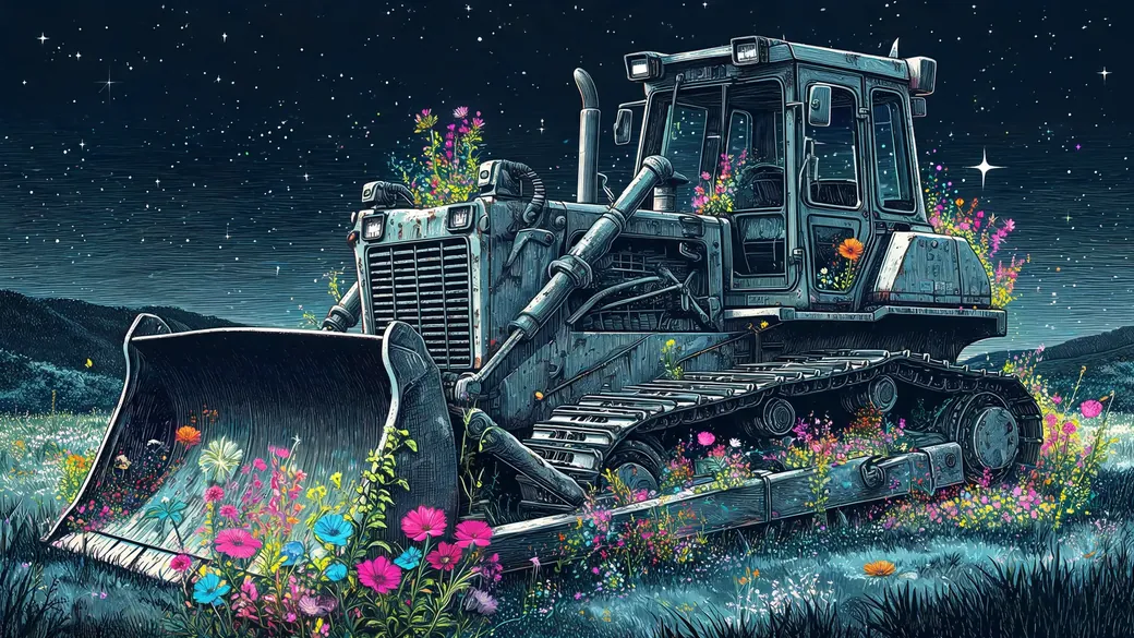 Old Bulldozer In A Wildflower Meadow