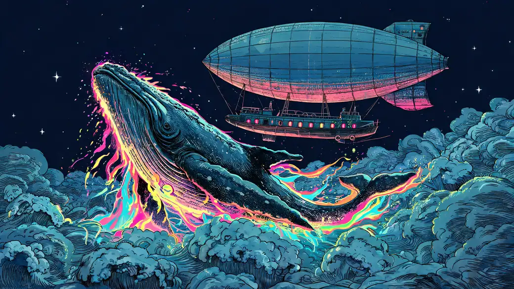 Whale Breaching Through Clouds Under an Airship