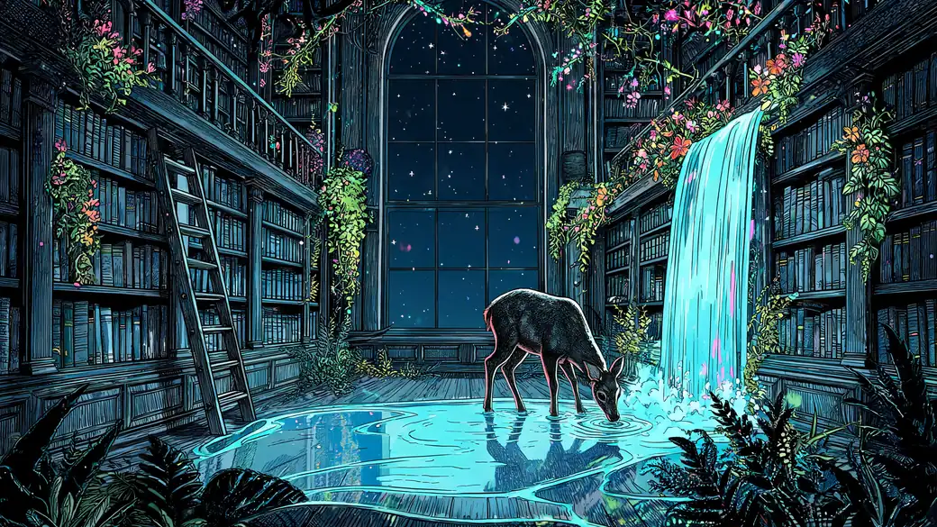 Deer Drinking From a Waterfall in an Old Library
