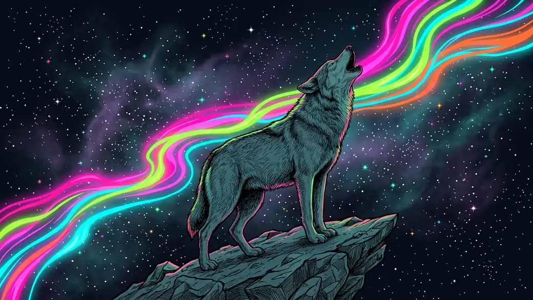 Wolf Howling Rainbow Aurora Ribbons