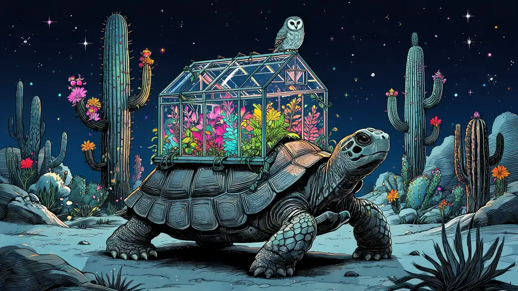 Tortoise Carrying a Greenhouse Through the Desert
