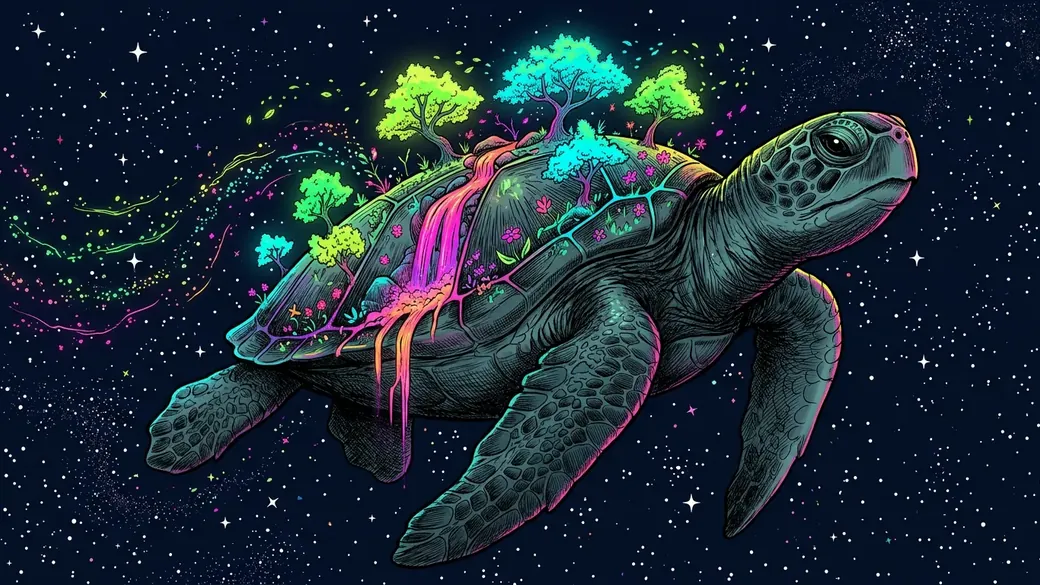 Sea Turtle Carrying A Forest Through Space