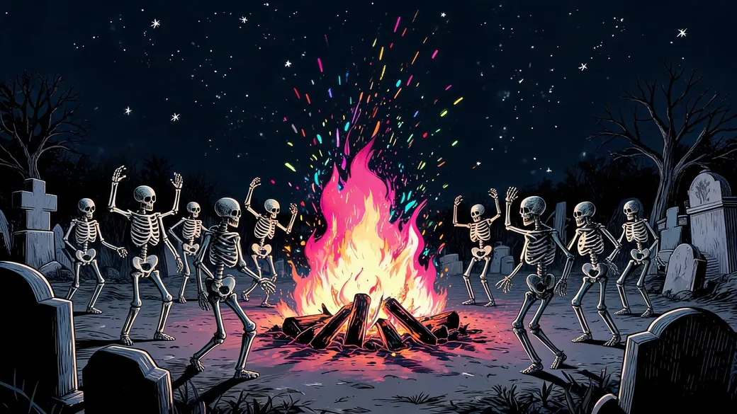 Skeletons Dancing Around Bonfire