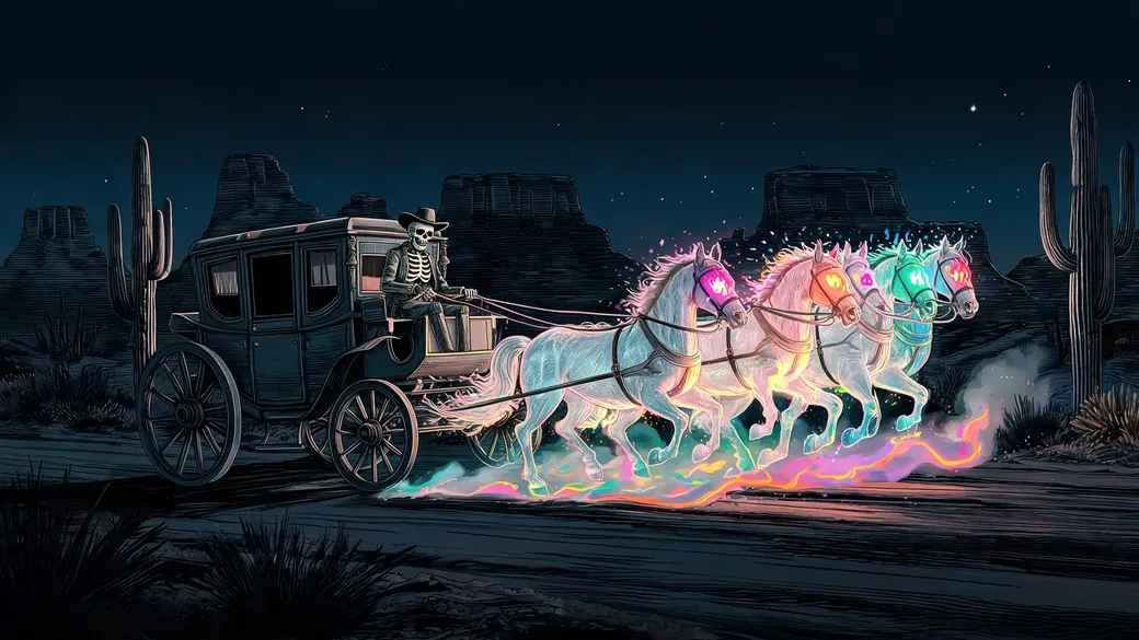 Ghost Stagecoach Racing Through Desert