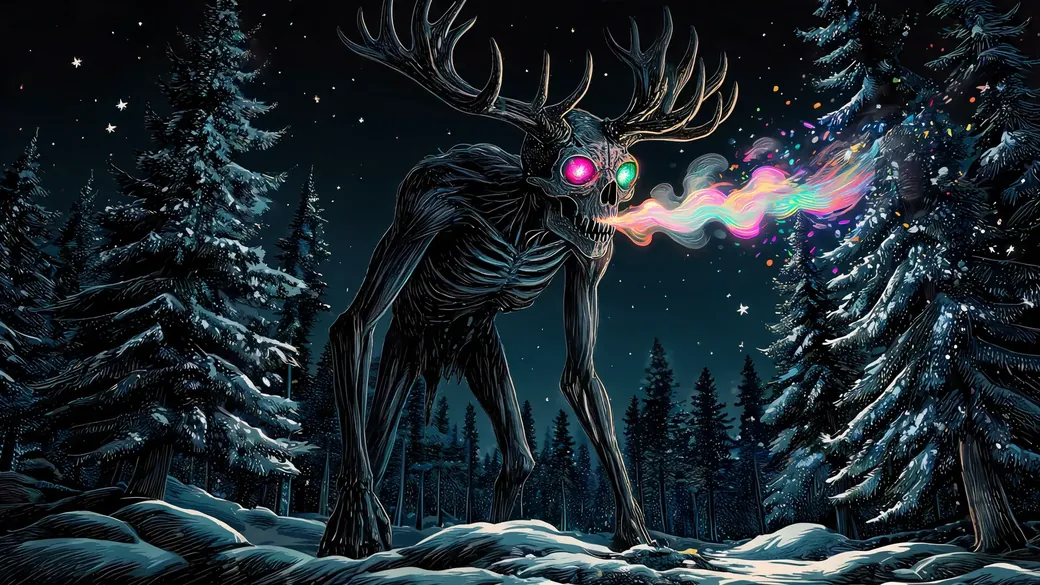 Antlered Creature In Snowy Forest