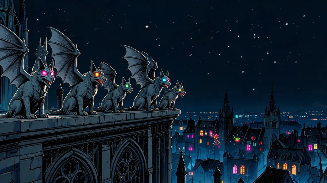 Gargoyles Waking Over Gothic City