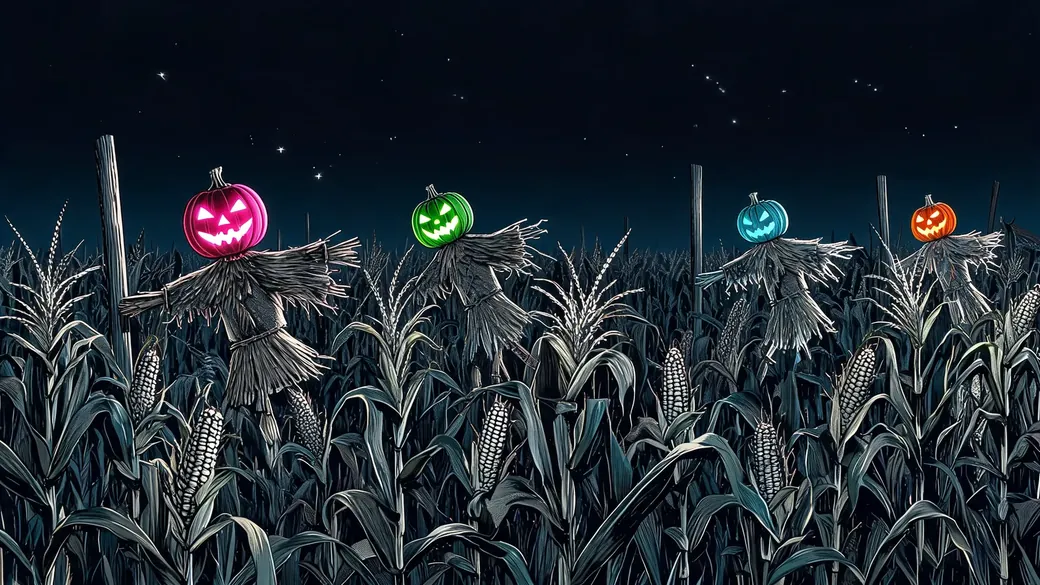 Scarecrow Army Marching Through Corn