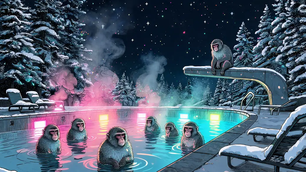 Snow Monkeys Soaking in a Glowing Winter Pool