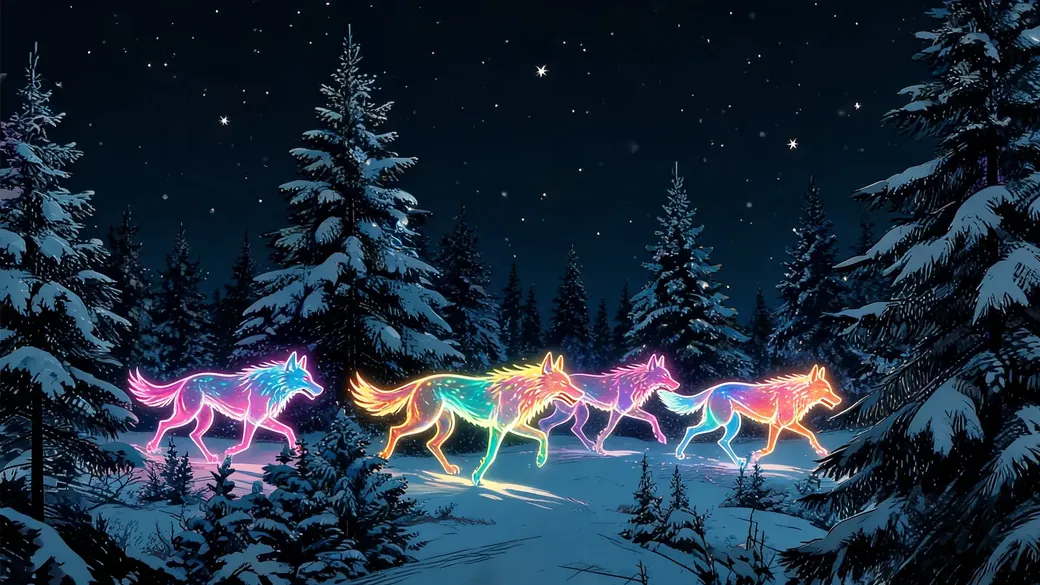 Ghost Wolves Running Through Snow