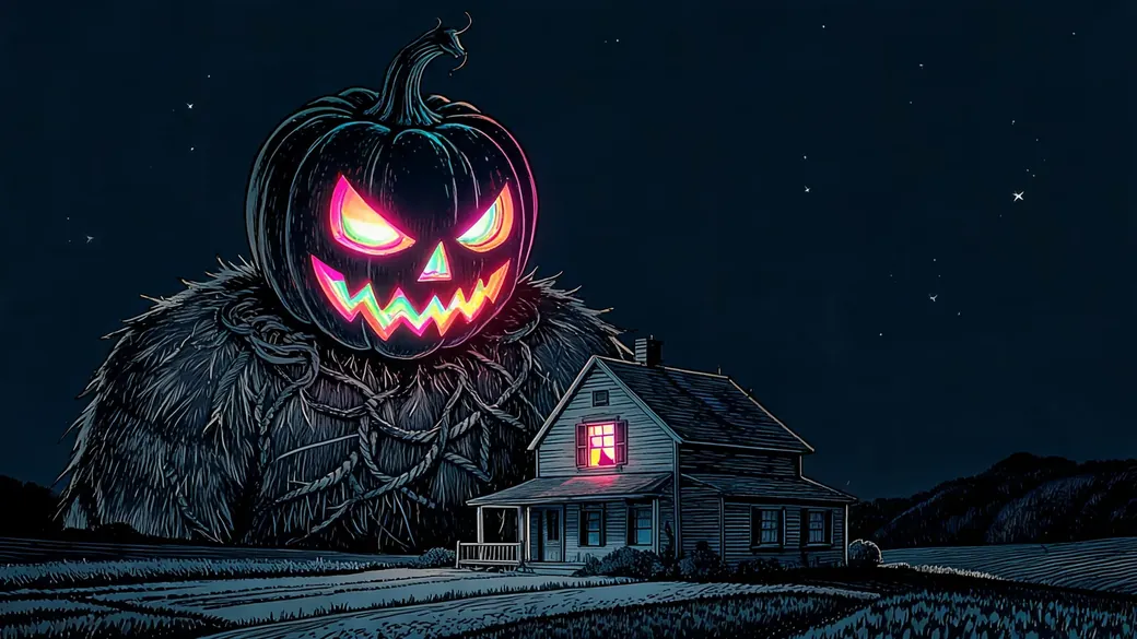 Pumpkin Giant Peering Into Farmhouse
