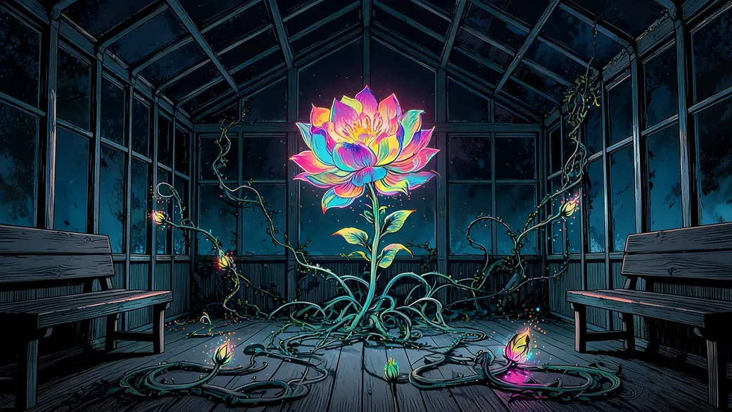 Giant Glowing Flower In Greenhouse