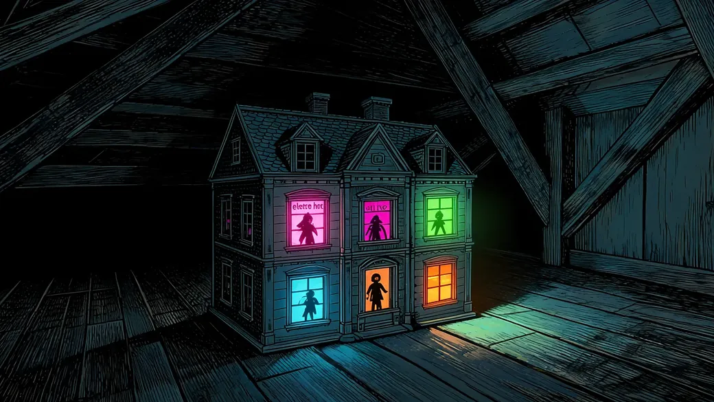 Glowing Dollhouse In Dark Attic