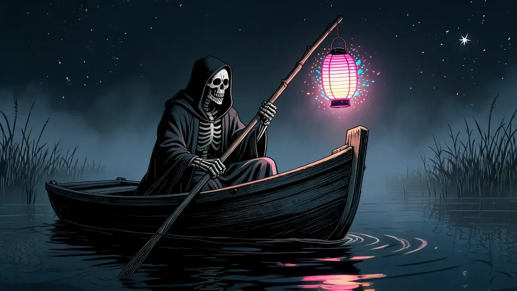Skeleton Ferryman Rowing Through Mist