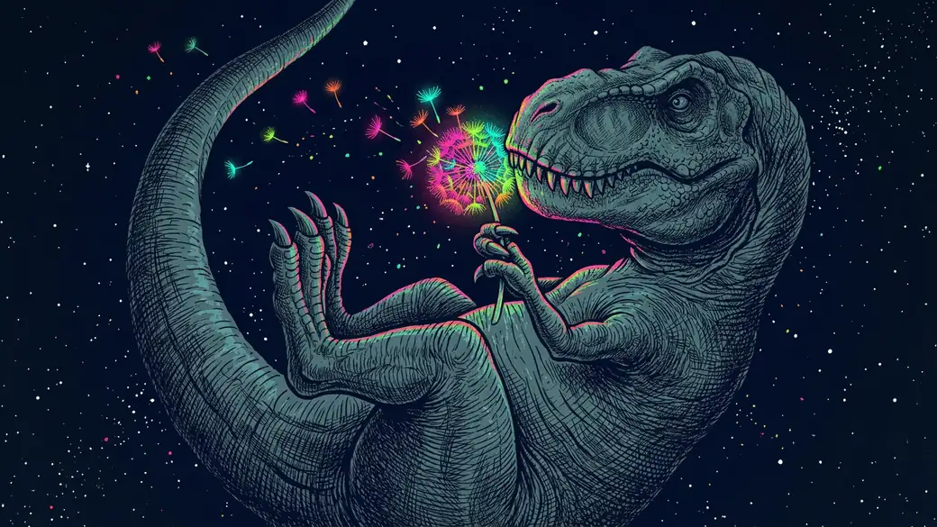 T-Rex Blowing A Glowing Dandelion In Space