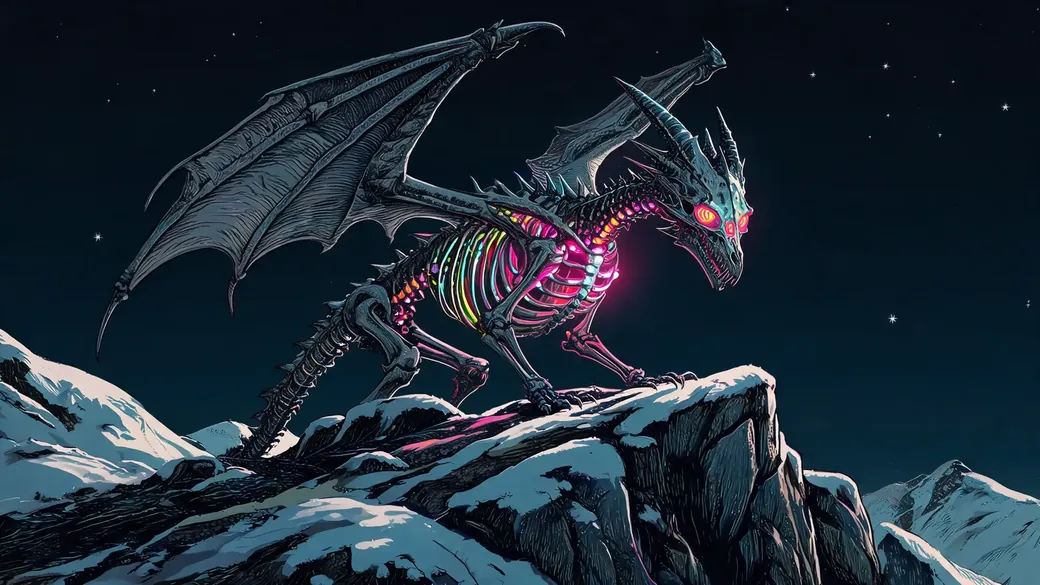 Skeletal Dragon On Snowy Ridge