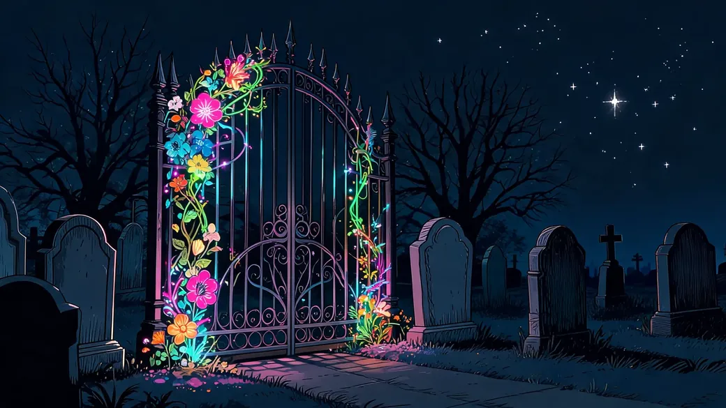Graveyard Gate With Glowing Flowers