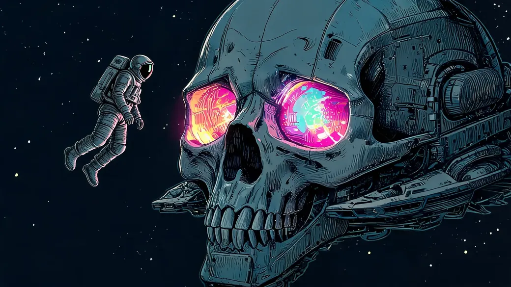 Astronaut Beside Skull Shaped Ship