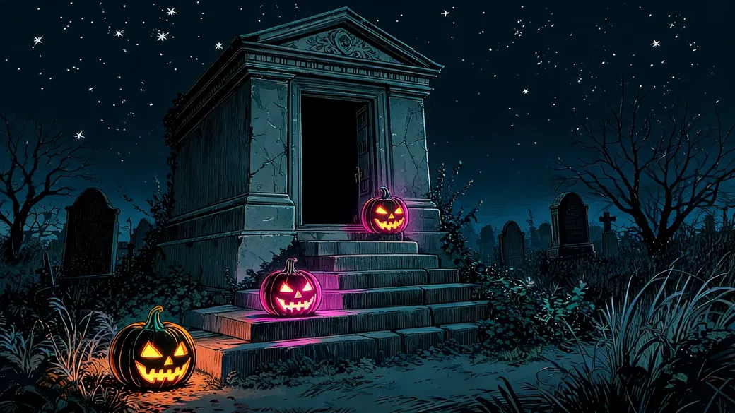 Mausoleum Steps Lit By Pumpkins