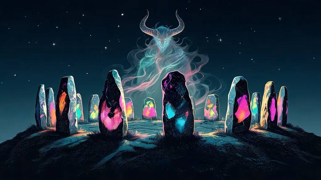 Misty Horned Figure Among Standing Stones