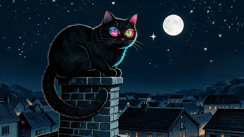 Black Cat On Crooked Chimney