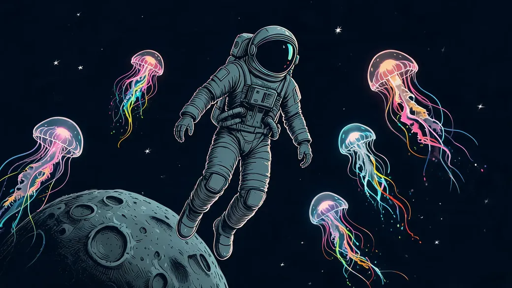 Astronaut Among Ghostly Jellyfish Spirits