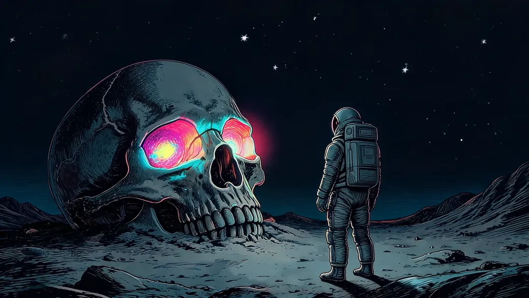 Astronaut Facing Giant Alien Skull