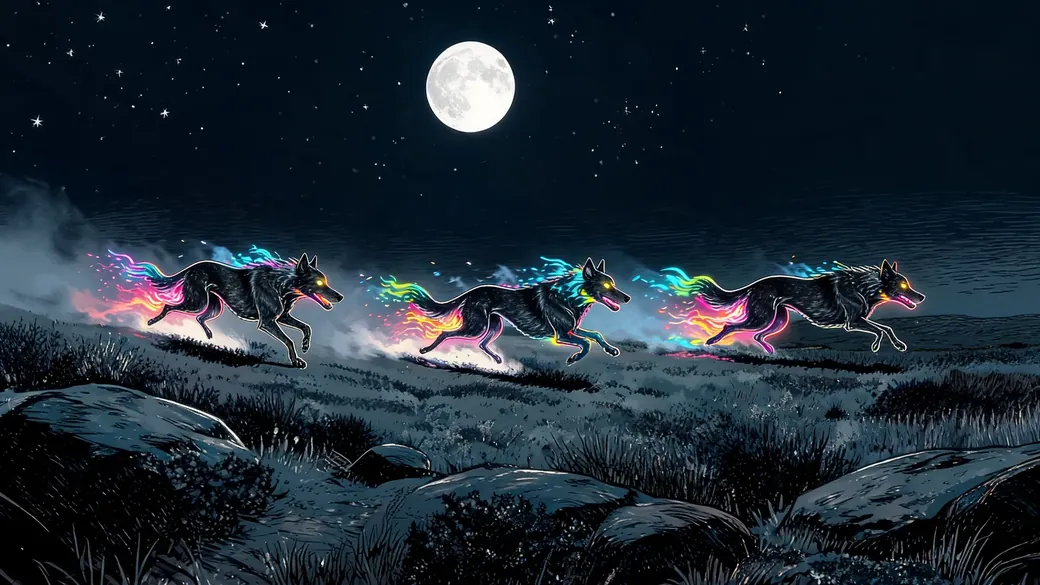 Ghost Hounds Running Across Moor