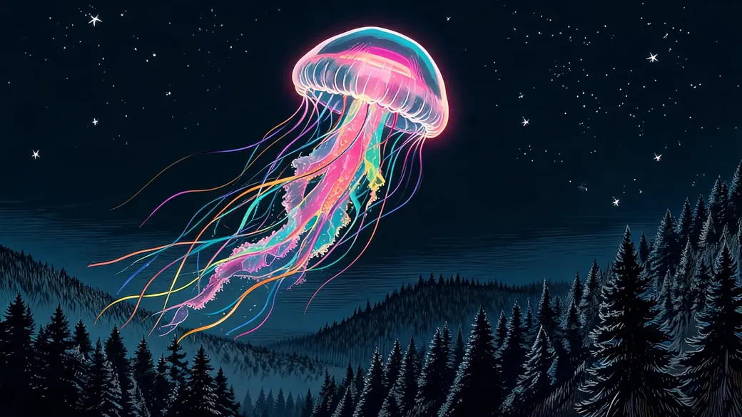 Giant Ghost Jellyfish Over Forest