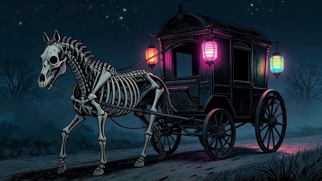 Skeleton Horse Pulling Black Carriage