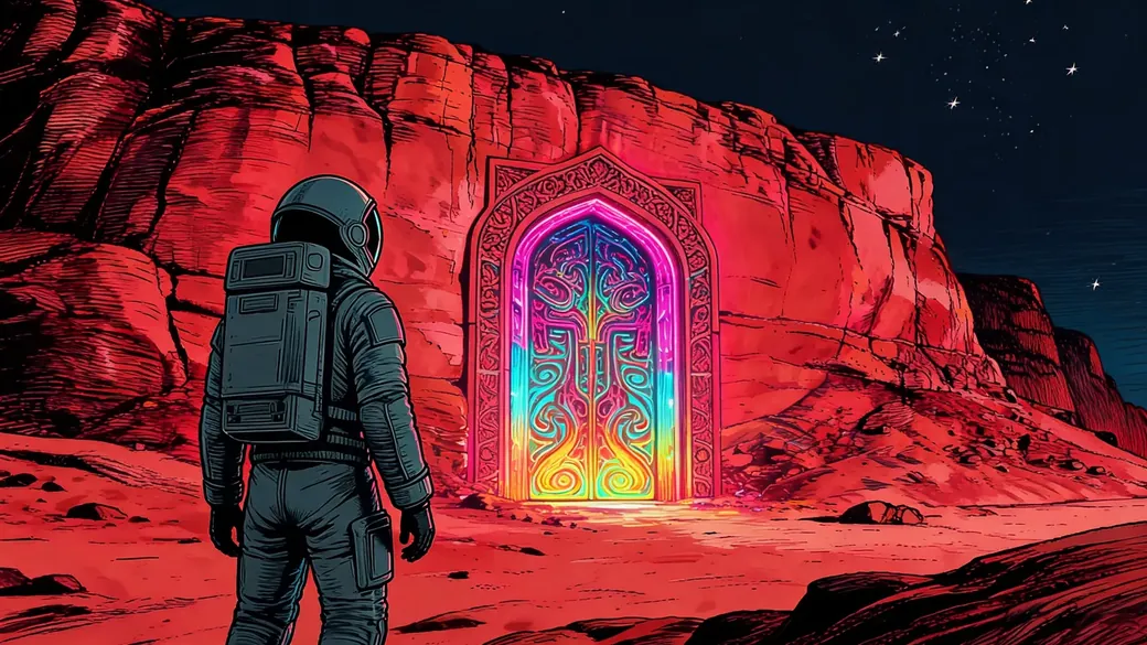 Astronaut Before Glowing Door On Mars