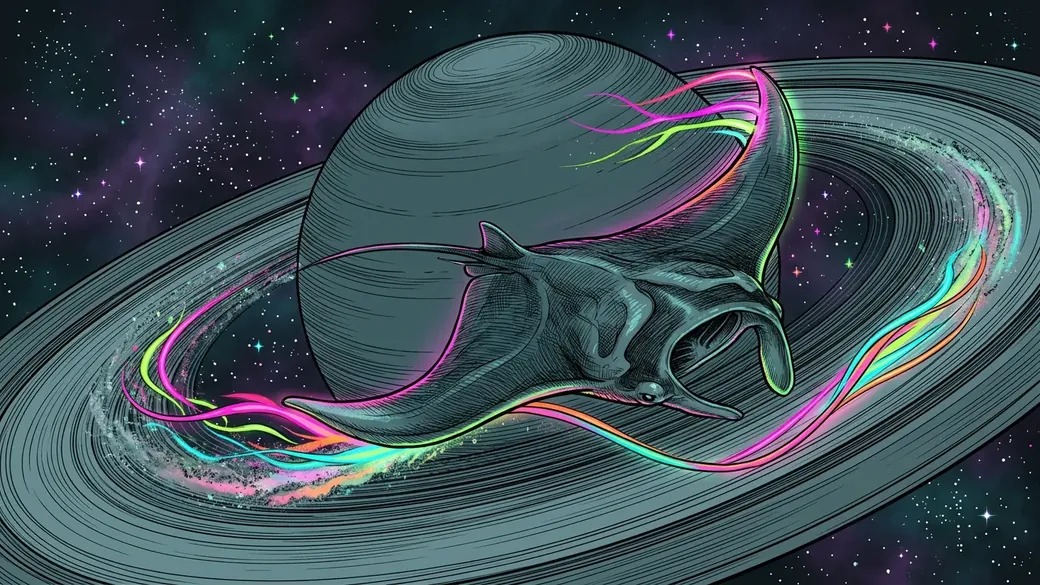Manta Ray Gliding Through Planet Rings