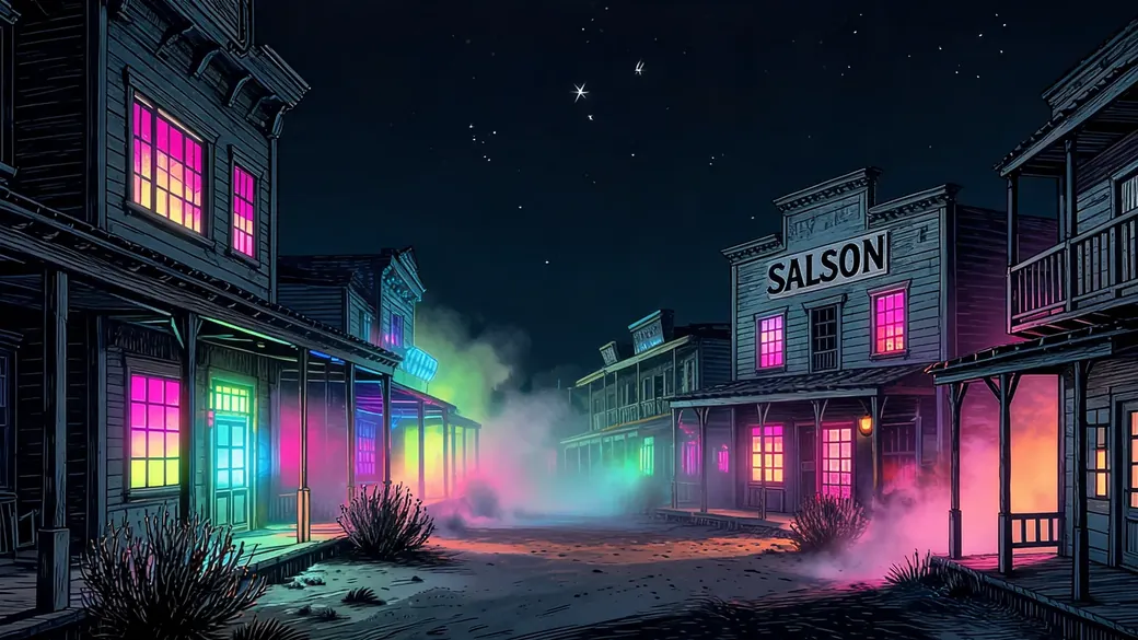 Ghost Town Street With Glowing Windows